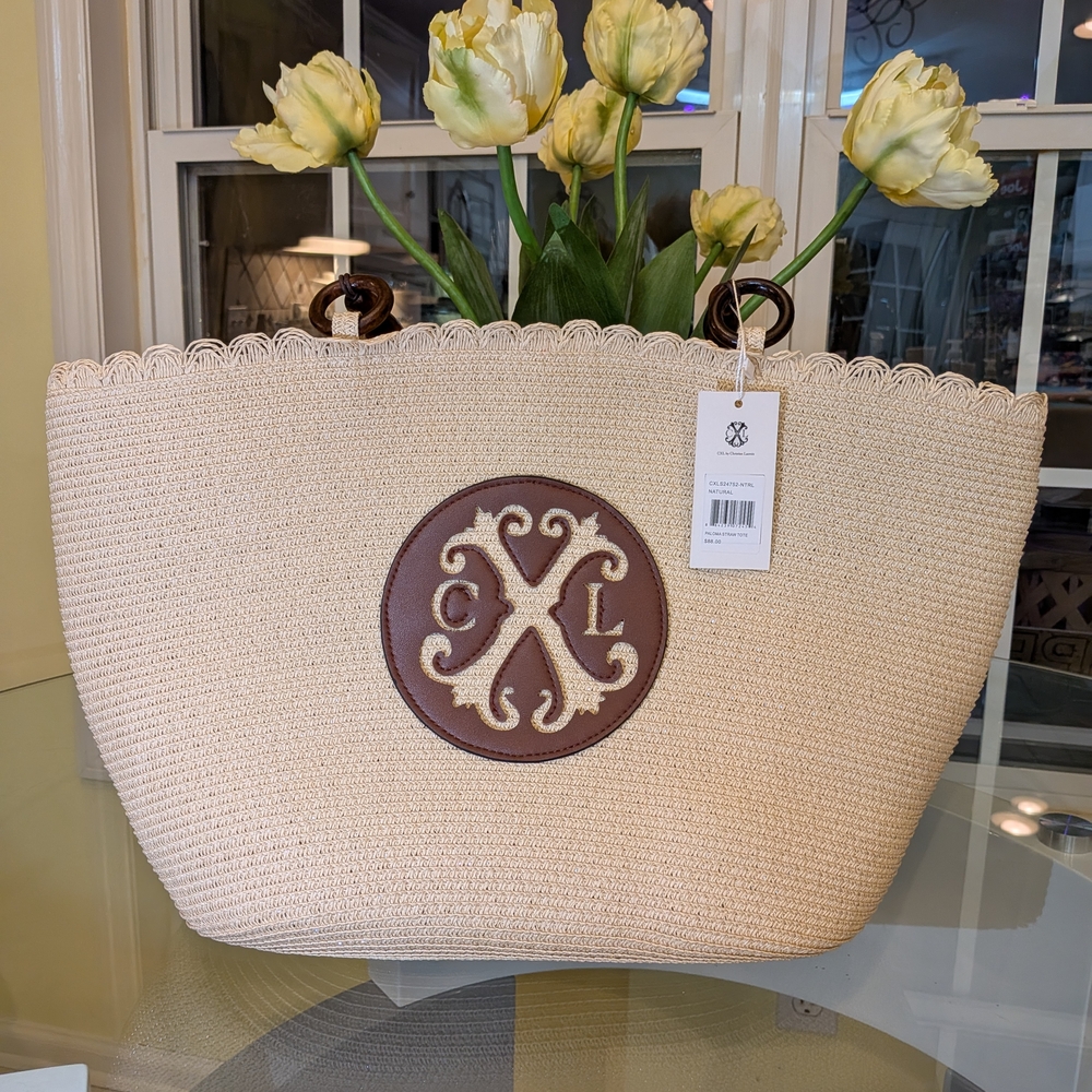 Christian LaCroix CLX Beige Paloma Straw Tote Bag with Brown Logo Accent